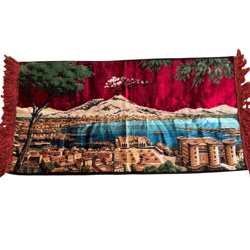 Vintage Gulf of Naples Italy Velvet Tapestry Fringed Wall Hanging Mt Vesuvius